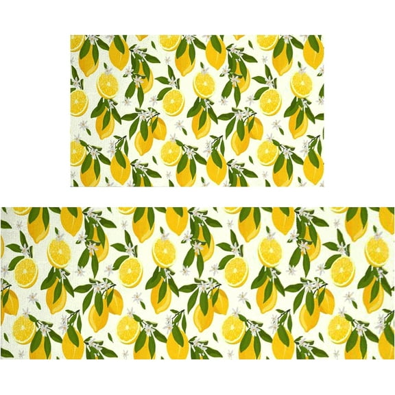 Lemon Kitchen Mats Cushioned Anti Fatigue 2 Piece Set, Memory Foam Kitchen Mat Set of 2, Farmhouse Kitchen Runner Rug and Waterproof Kitchen Mat for Home Kitchen Decor or Office 17"x30" 17"x47"