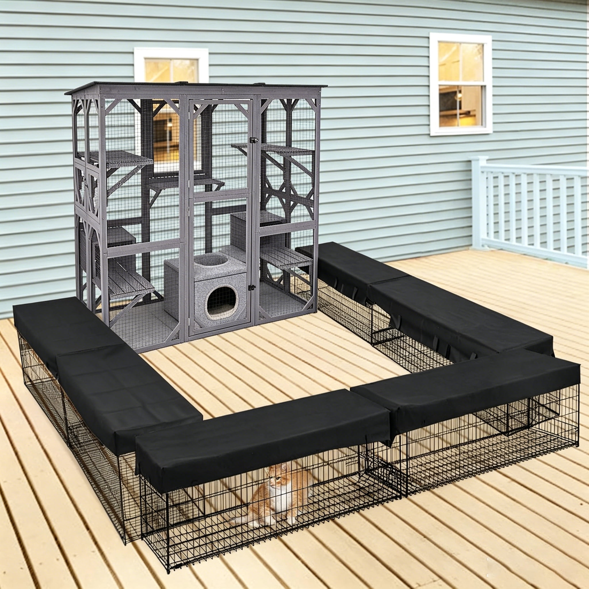 Aivituvin Cat Tunnel with Extendable Design 90.6" L, Metal Wire Outdoor Cat Enclosure with Weatherproof Fabric Cover, Connecting Inside and Outside, for Deck Patios, Balconies