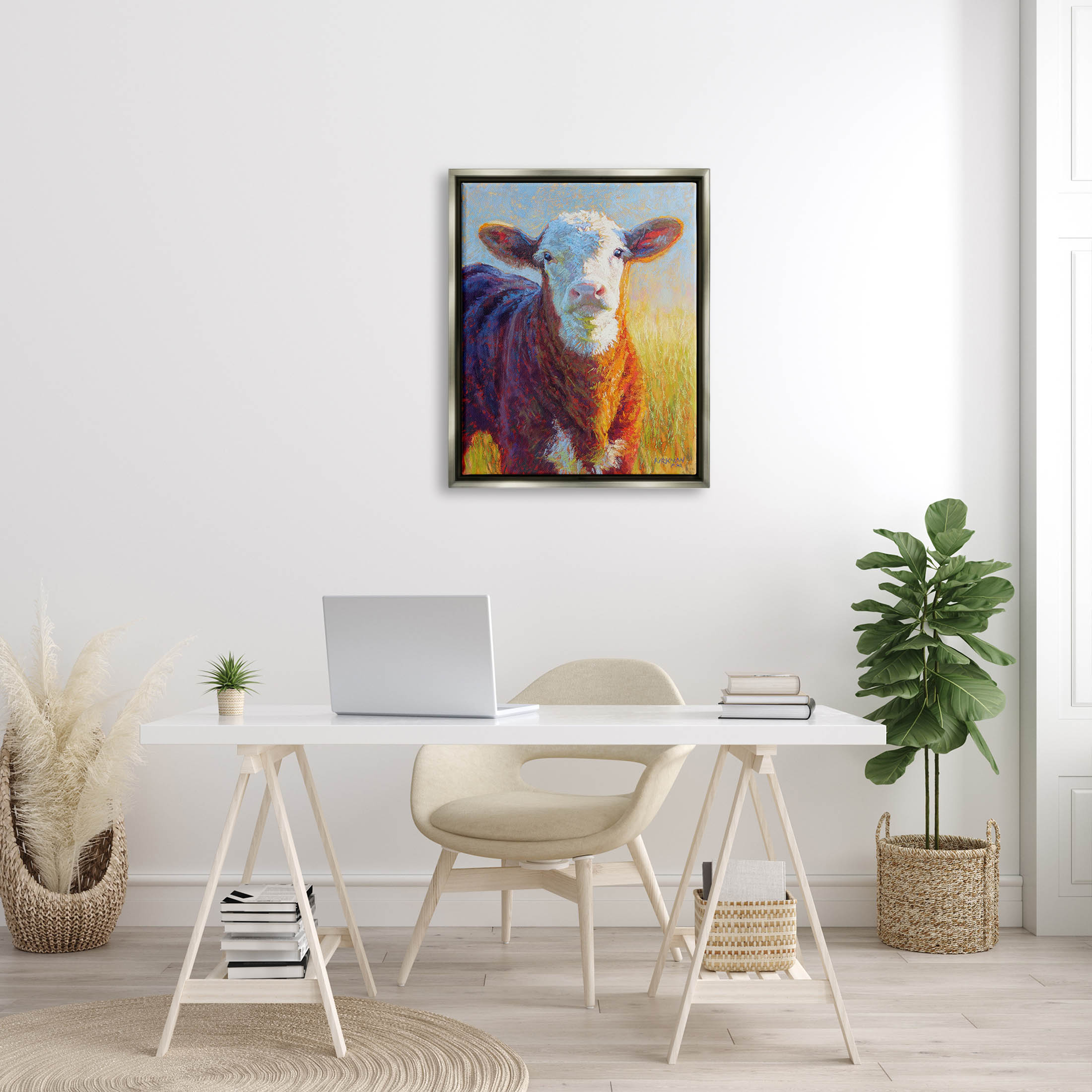 Happy Cow Farmhouse Grassland Animals & Insects Painting Luster Gray Framed Art Print Wall Art