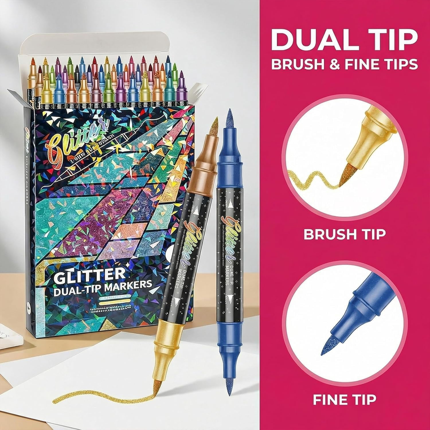 2026 New 24/48/72/96 Colors Glitter Effect Brush Markers, Dual Tip Metallic Shimmer Pens Set, Soft Brush & Fine Tip, Smooth Ink Flow for Coloring, Journaling & Cards