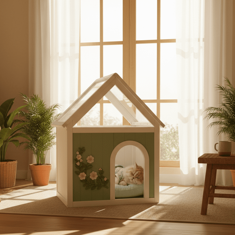 Indoor Cat House with Clear Acrylic Roof, Wooden Pet House for Small Cats & Dogs