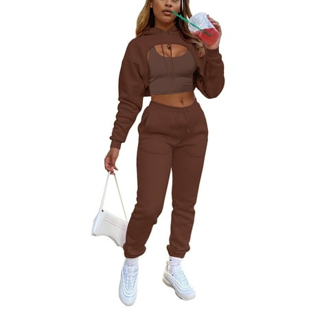 

wsevypo Womens 3pcs Tracksuit Cutout Drawstring Hoodie+Sport Bra Tank Crop Top+High Waisted Sweatpants Cinch Bottom Jogger Set