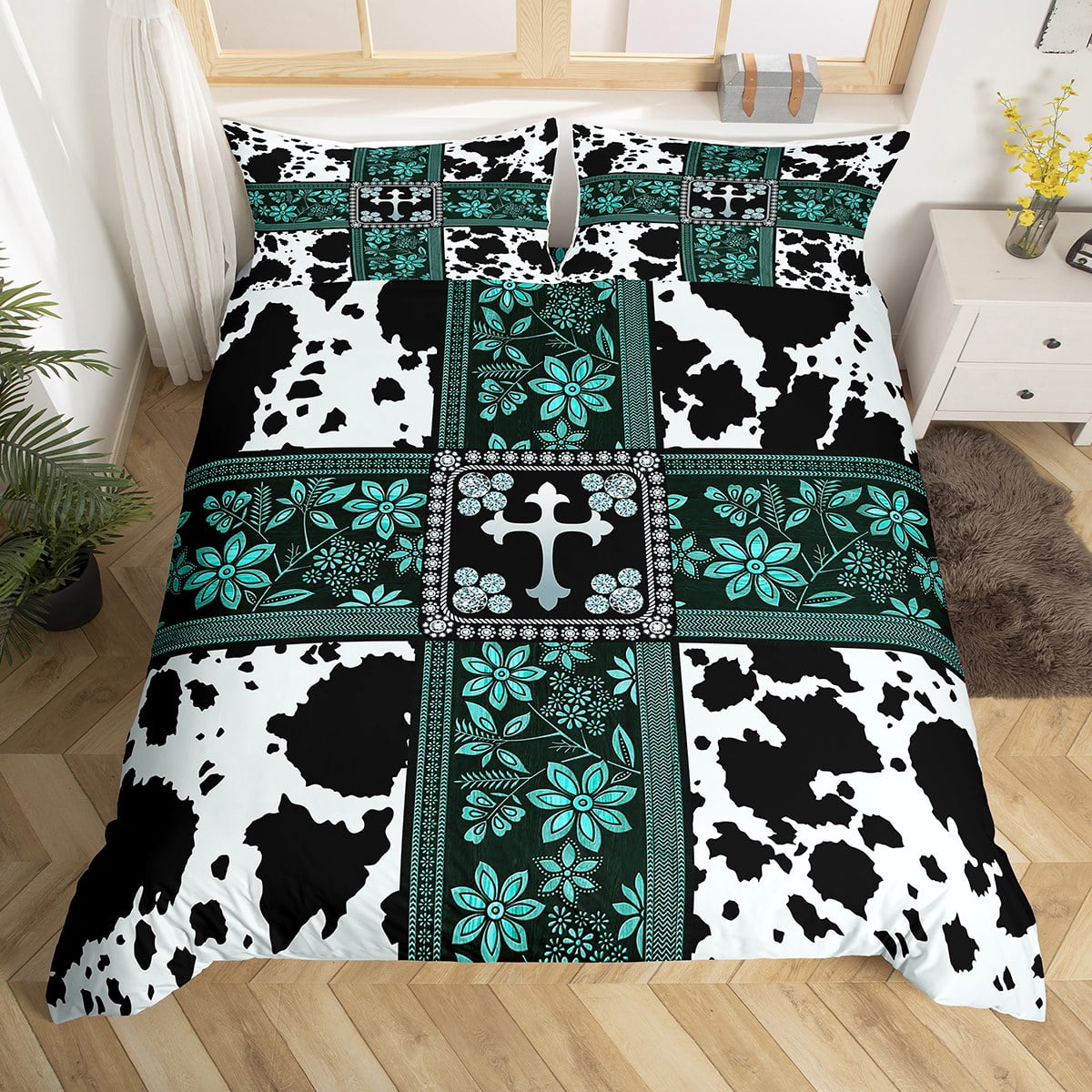 YST Cow Print Bedding Queen Floral Turquoise Decor Comforter Cover Western Cow Decor Duvet Cover