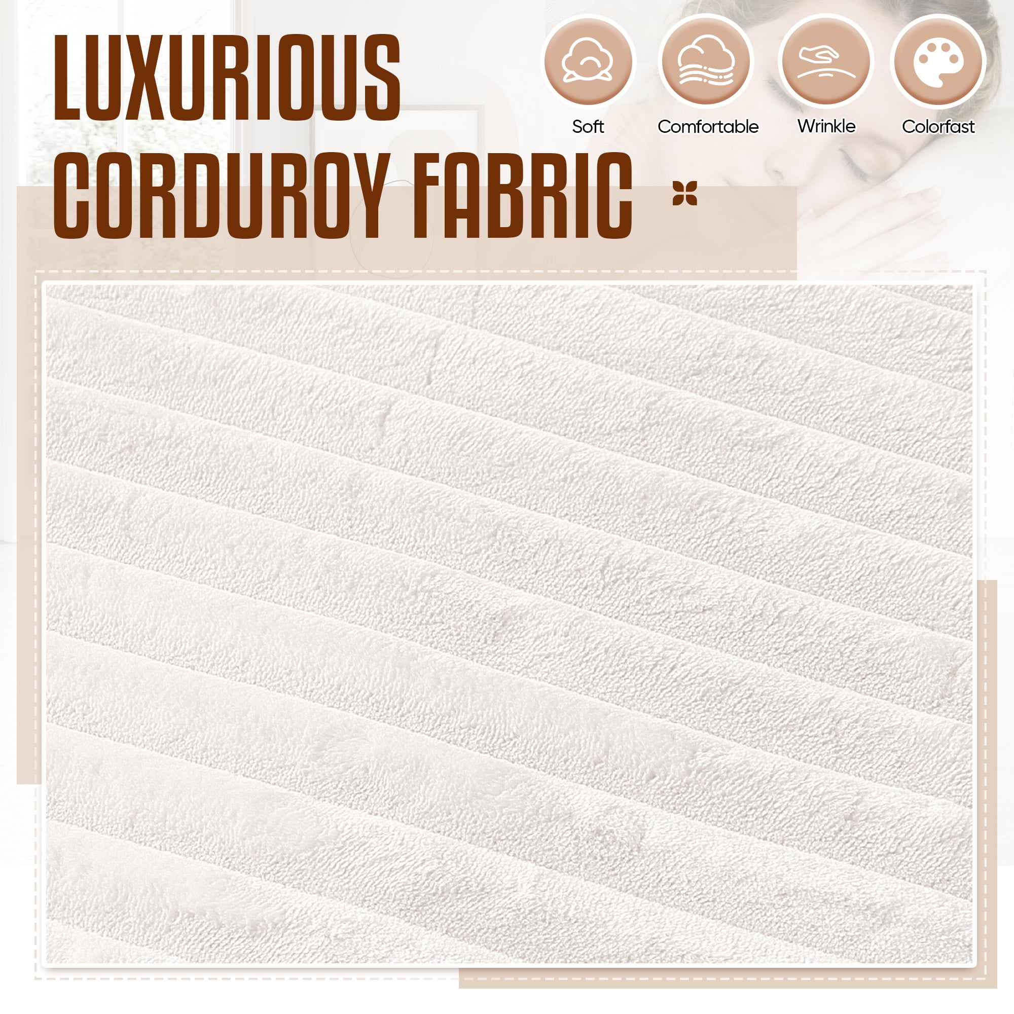 Dinosisco Corduroy Sofa Couch, Upholstered 3-Seater Deep Seat Couch for Living Room, White