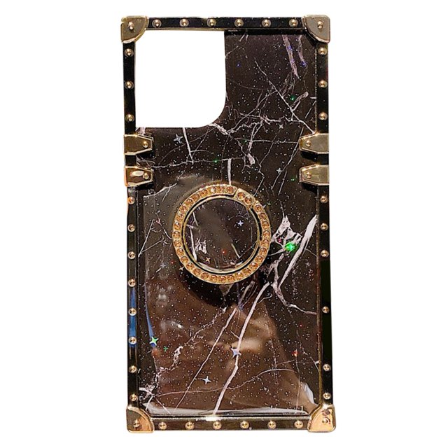 para iPhone 12 Funda para teléfono 3D con patrón de mármol cuadrado con envoltura completa a prueba de golpes con soporte Negro