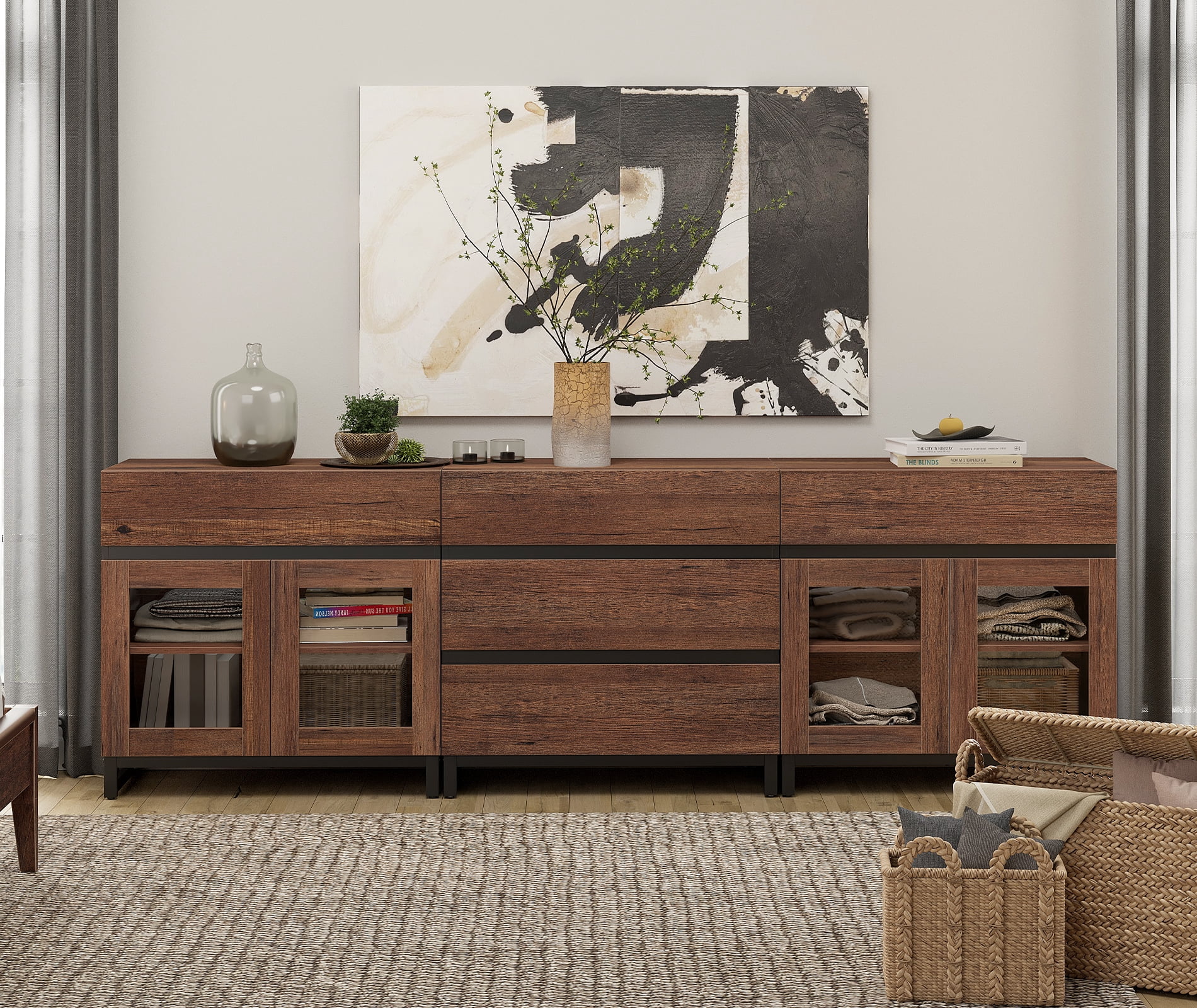 3 In 1 Multifunctional Dresser with Glass Doors & 5 Drawers, Modern Chest of Drawers with Adjustable Shelf and Metal Base, Household Storage Cabinet for Bedroom,Brown