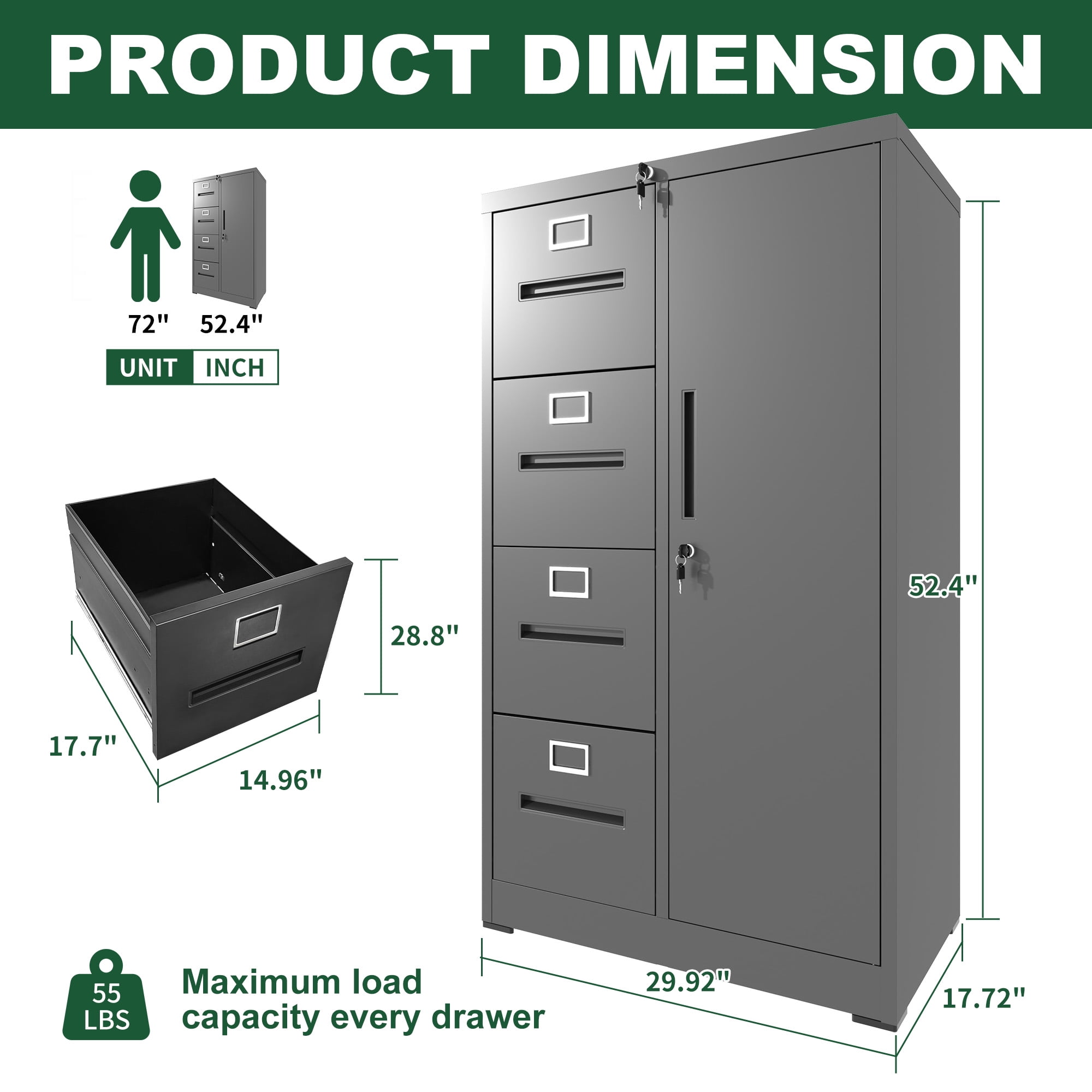 Storage Vertical Filing Cabinet with Lock, Steel File Locker with 4 Drawers and 1 Door for School, Living Room, Bedroom, Office (Black)