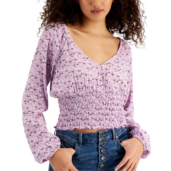 $39 Self Esteem Juniors' Floral-Print Surplice Smocked-Hem Top Purple Size XS