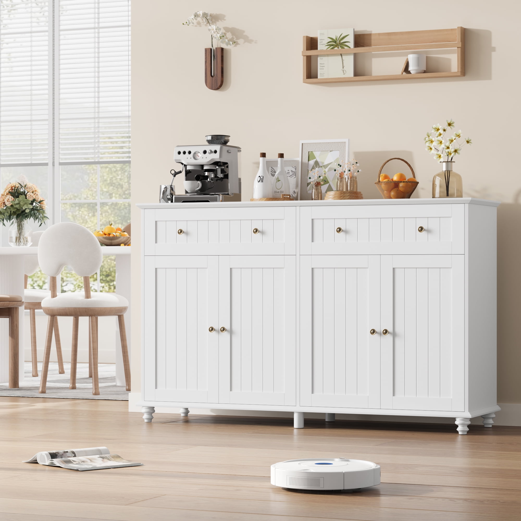 Homfa 55.1"W Kitchen White Buffet Cabinet with Storage Drawer ...