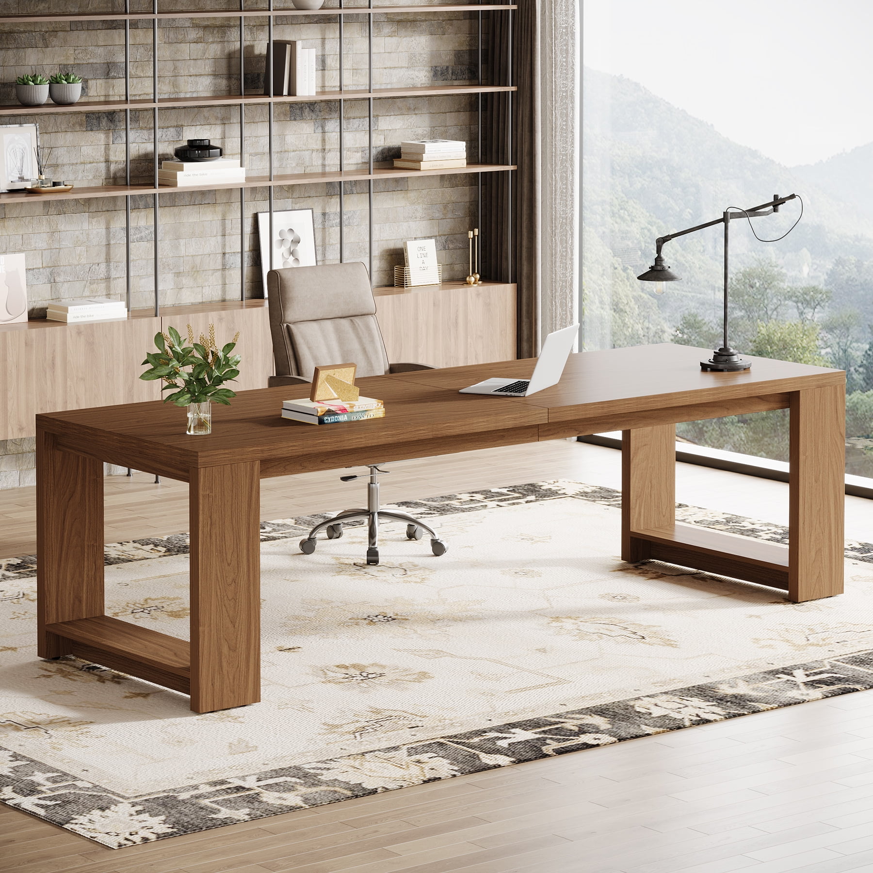 Tribesigns 86.6-inch Extra Long Desk, Wooden 2 Person Desk with Sturdy Legs, Large Double Computer Desk for Home Office, Walnut (Set of 2)