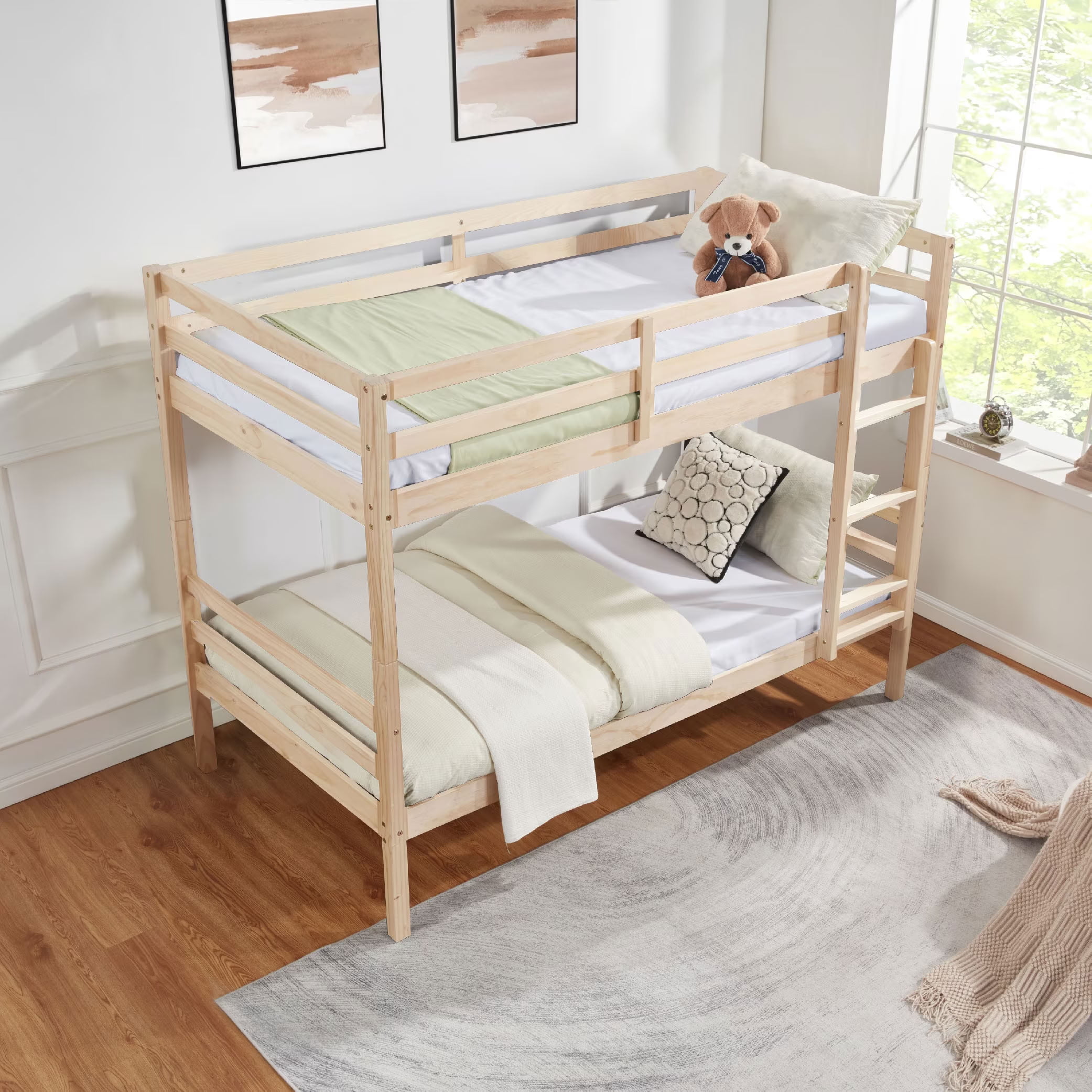 MAYEERTY Twin over Twin Wooden Bunk Bed with Ladder and High Guardrail, Space-Saving Bed Frame for Kids Teens Dorm Rooms, No Box Spring Needed