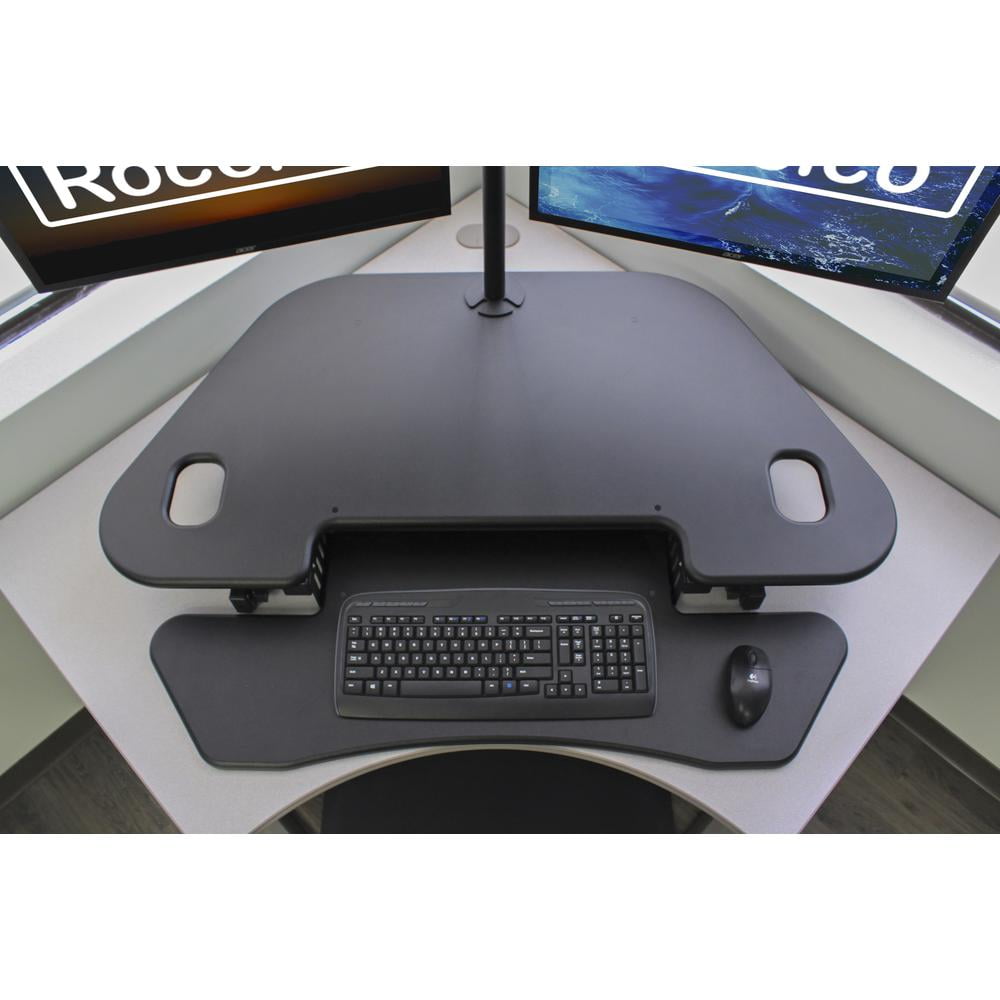 Rocelco 46" Height Adjustable Corner Standing Desk Converter with Dual Monitor Arm BUNDLE | Quick Sit Stand Up Computer Workstation Riser | Extra Large Keyboard Tray | Black (R CADRB-46-DM2)