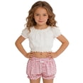 thumbnail image 4 of Girls Plaid Ruffled Bloomers, Elastic Waist Cute Gingham Shorts with Bow for Playdates and Casual Outings Pink 120, 4 of 8