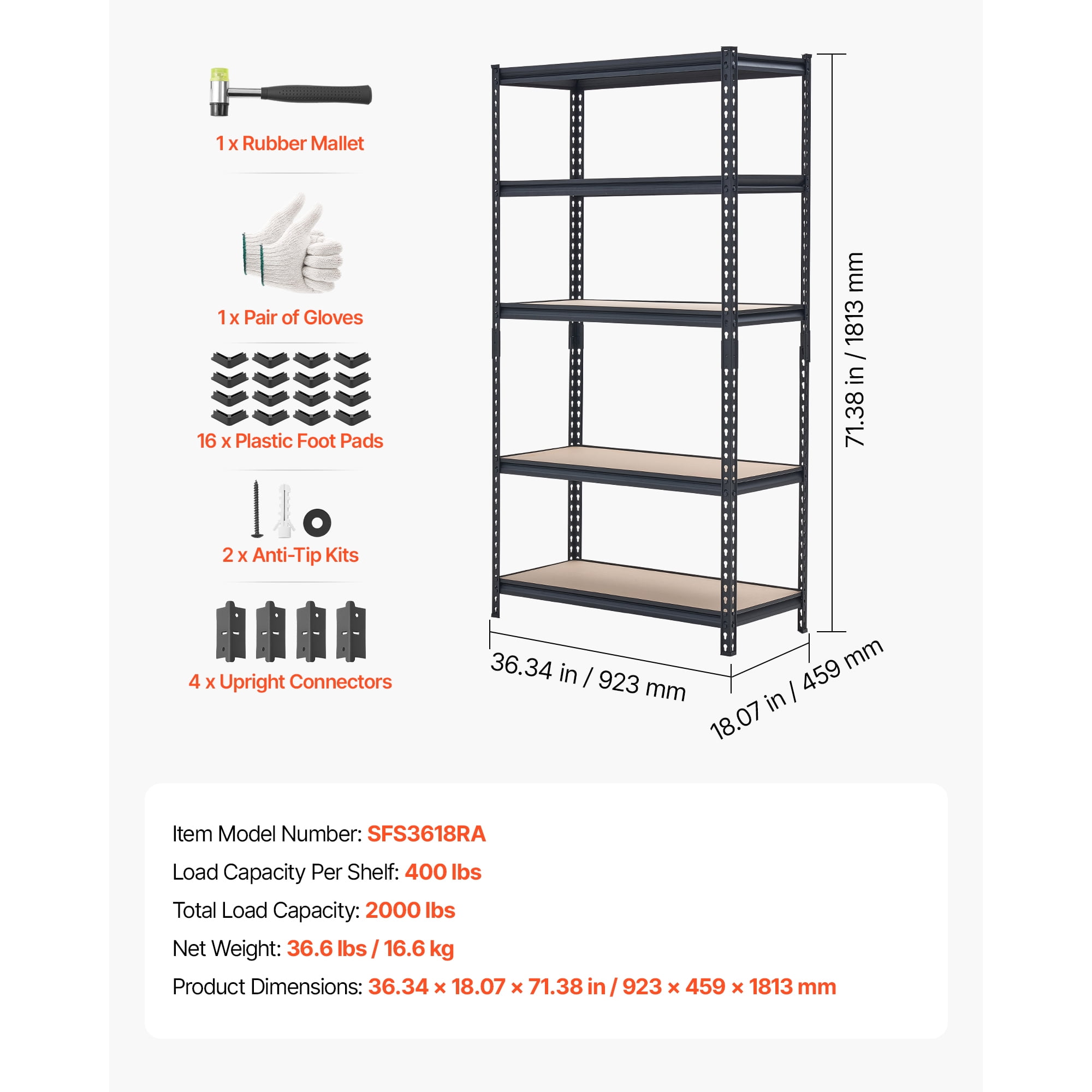 KFFKFF 5-Tier Adjustable Storage Shelves, 2000 lbs Capacity, Heavy-Duty Metal Utility Rack for Garage, Warehouse, Basement, or Kitchen, 36.34" W x 18.07" D x 71.38" H