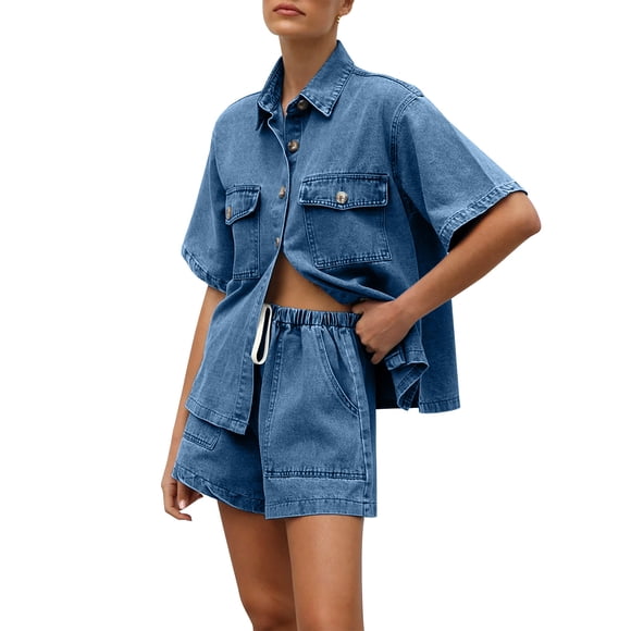 Tumotour 2 Piece Outfits For Women Summer Denim Sets Short Sleeve Button Down Jean Shirts High Waist Drawstring Denim Shorts Sets
