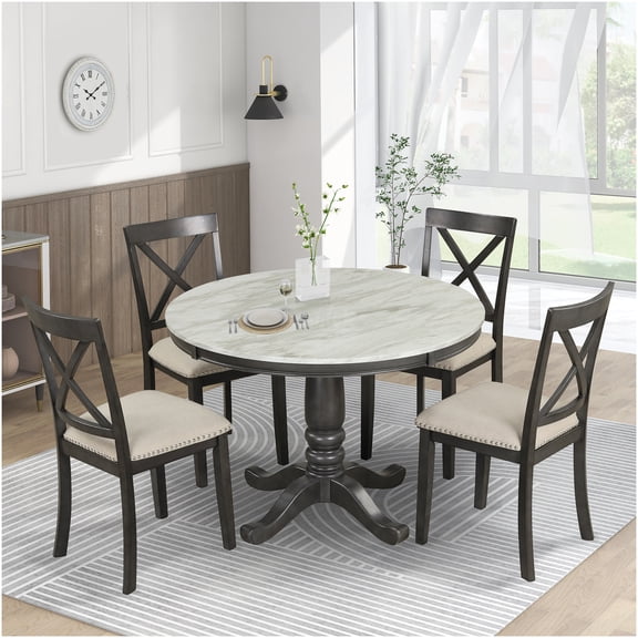 Gray 5-Piece Solid Wood Dining Set for 4, Kitchen Table with 4 Chairs, Faux Marble Top