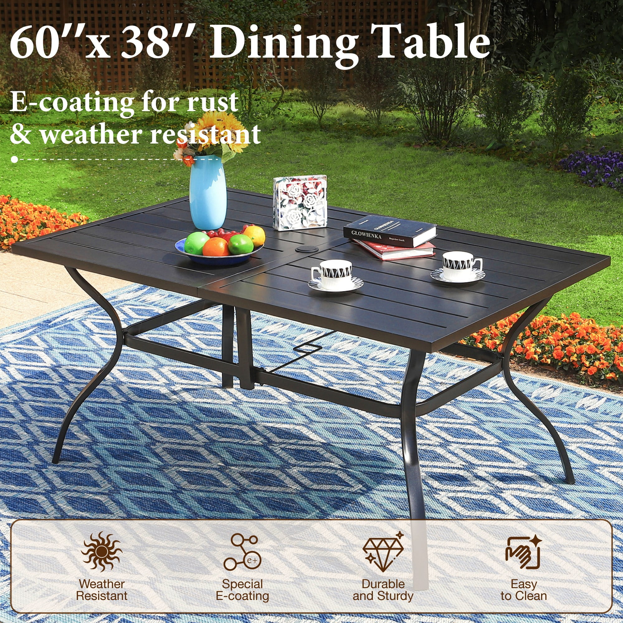MF Studio 7-Piece Outdoor Patio Dining Set with Stackable Chairs & 6-Person Table, Modern Metal Steel Patio Furniture, Black