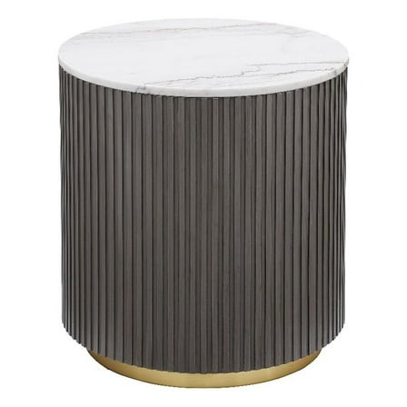 Maklaine Round Marble Top Side End Table in White and Charcoal