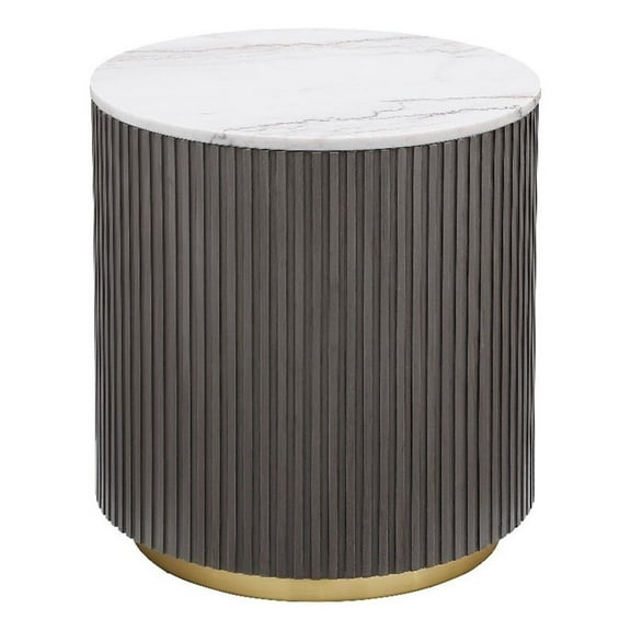 Maklaine Round Marble Top Side End Table in White and Charcoal