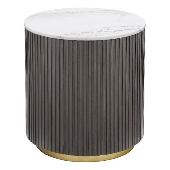Pemberly Row Round Marble Top Drum Base Side End Table White and Charcoal