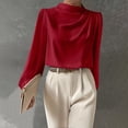 thumbnail image 2 of Stichou Women's Satin Blouse 2026 Pleated Mock Neck Puff Sleeve Dressy Casual Top Red M, 2 of 5