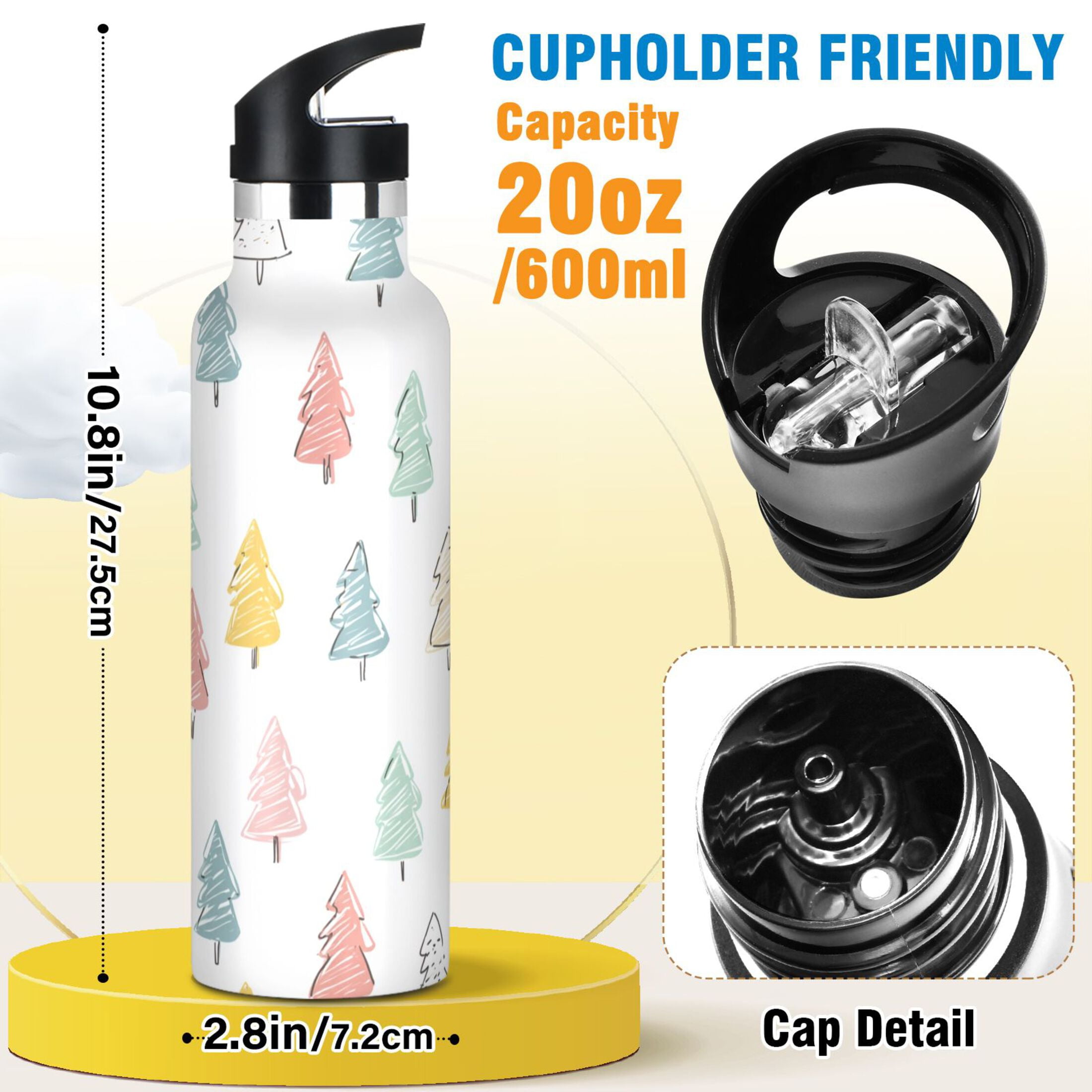 600ML Stainless Steel Insulated Cup Sports Water Bottle Portable Thermos Cup Water Glasses Insulated Tumblers Convenient and Durable Colorful Christmas Tree Beautiful