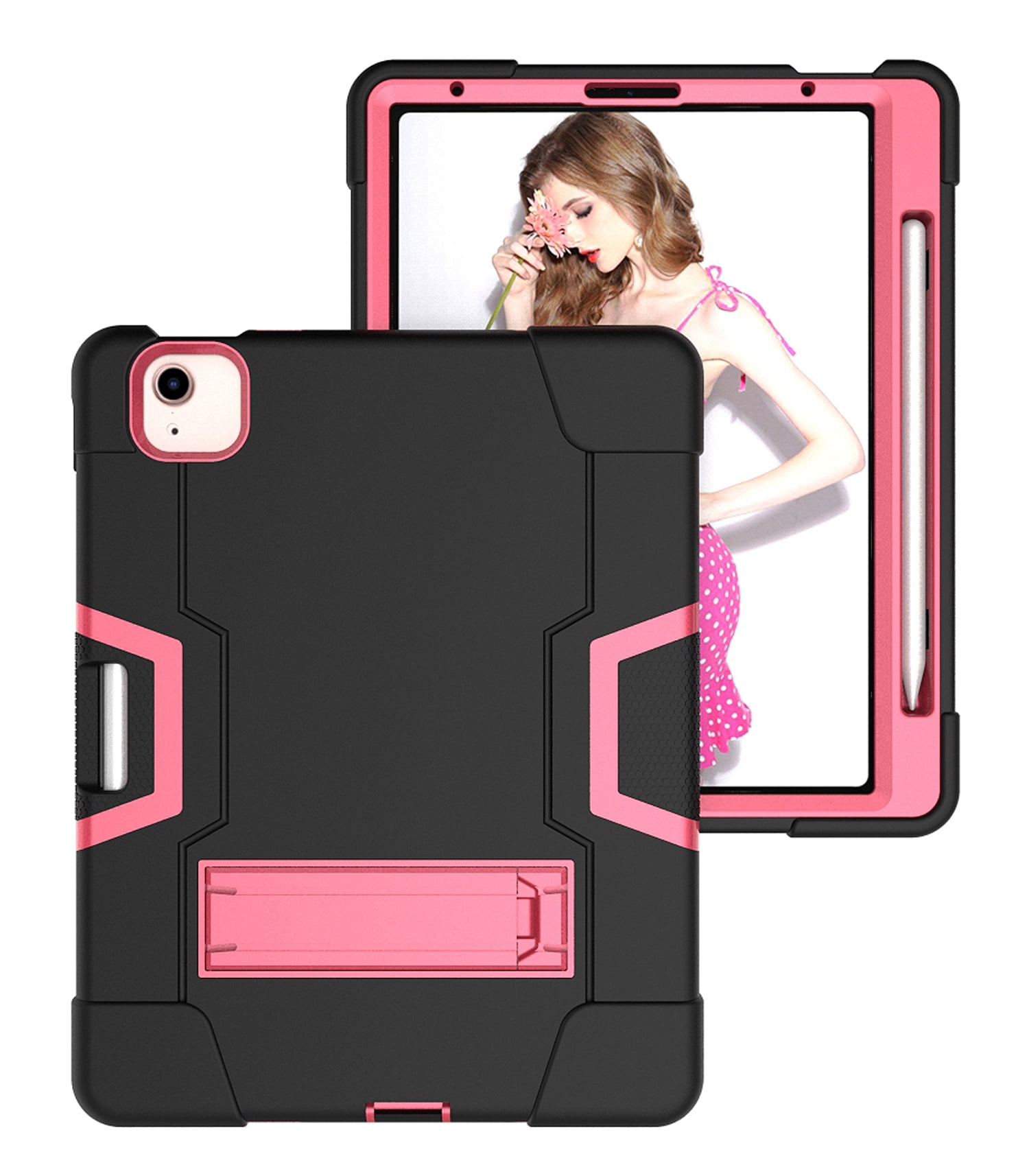 Allytech iPad Air 5 Case 2022, iPad Air 4 Case 2020, Heavy Duty Protection Shockproof Build In Kickstand Pencil Holder Kids Friendly Case for Apple iPad Air 5th 4th Generation, BlackBlack/Rose