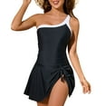 thumbnail image 2 of zaveiop One Shoulder Swim Dress,Color Block Womens One Piece Swimsuit with Skirt,Modest Full Coverage Swimsuits for Women (Black, M), 2 of 9