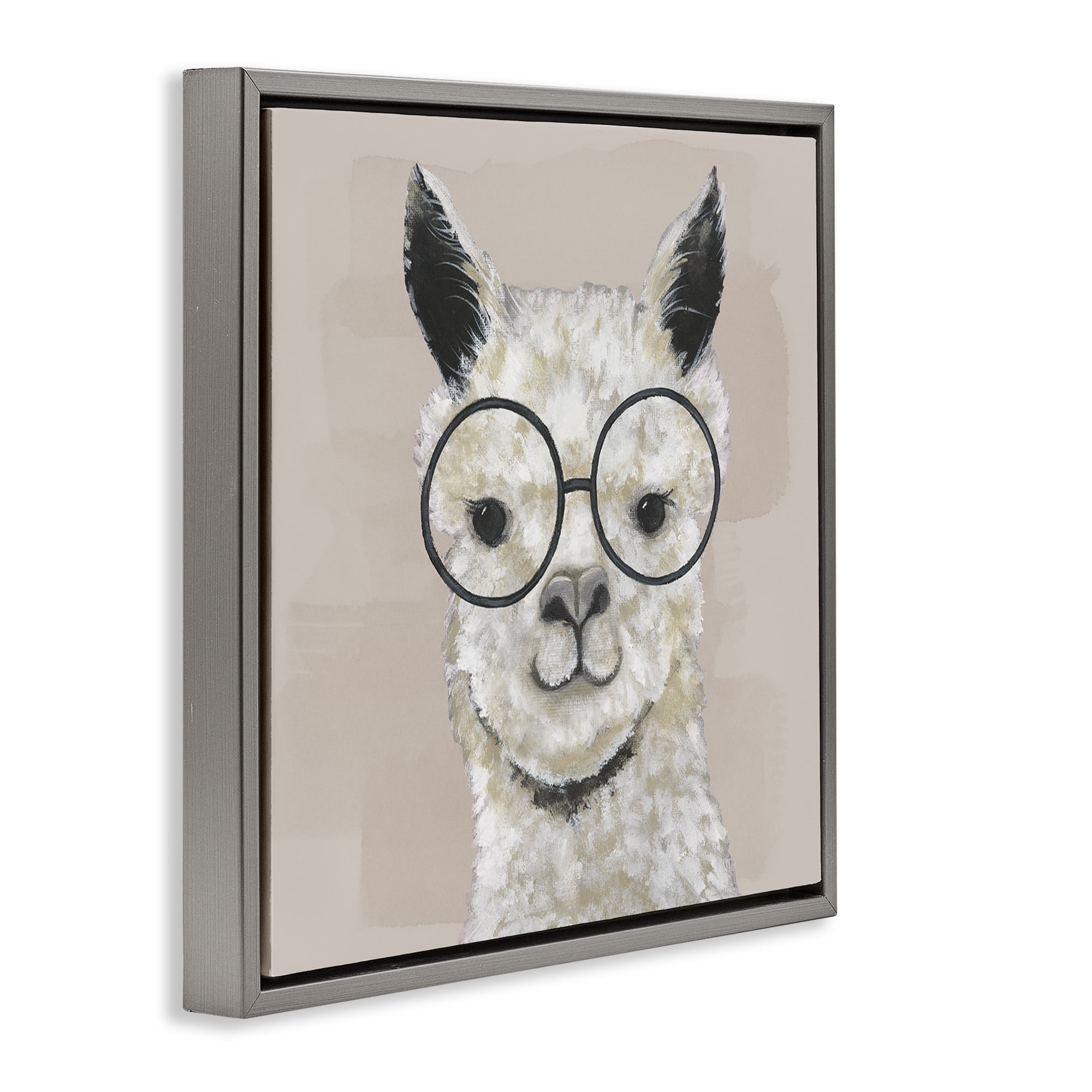 Stupell Industries Happy Alpaca Glasses Portrait Animals & Insects Painting Gray Floater Framed Canvas Art Print Wall Art, 18 x 18