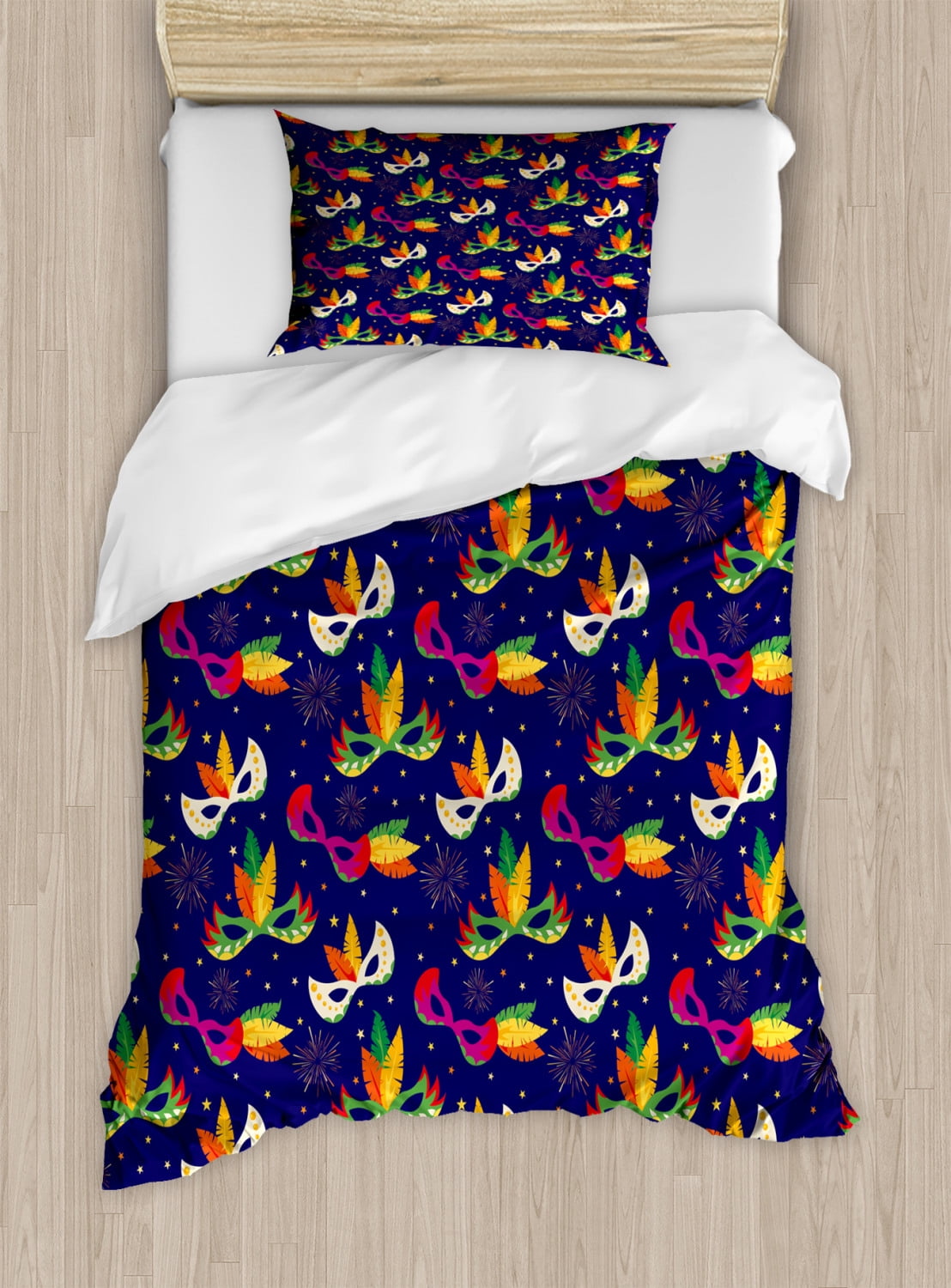 New Orleans Duvet Cover Set Twin Size, Carnival Masks Pattern with