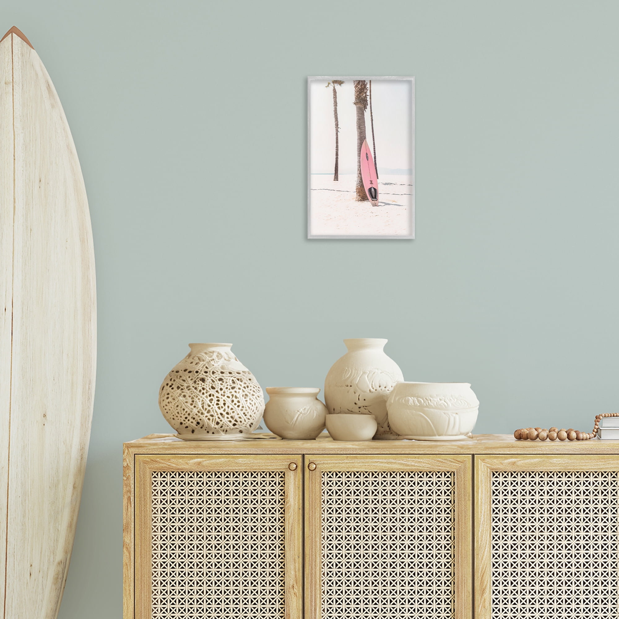 Stupell Industries Pink Surf Board Coastal Photography Gray Framed Art Print Wall Art, 12 x 18