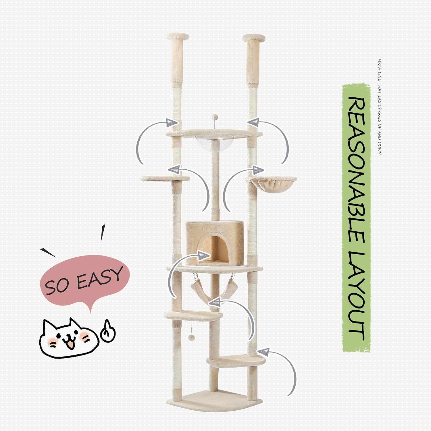 PEQULTI Floor to Ceiling Cat Tree 92.9’’-101.6’’ Height Adjustable Cat Tower Tall  Climbing Play House with Scratching Posts, Cozy Condo, Perches and Large Hammock for Indoor Cats Beige