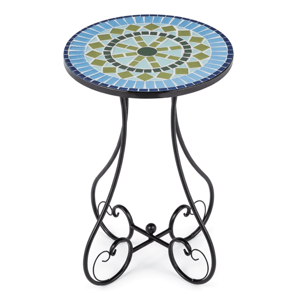 14 inch Side Table, Round Iron Top with Butterfly Legs, Indoor Outdoor Accent End Table, Mediterranean Blue-Green Mosaic