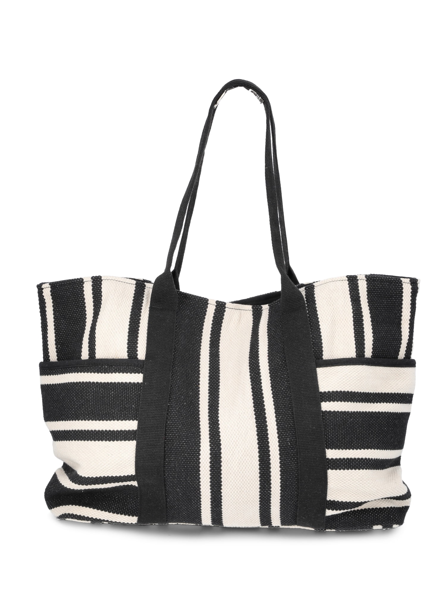 Time and Tru Women's Pocket Tote Handbag and Matching Pouch, Black and White Stripes