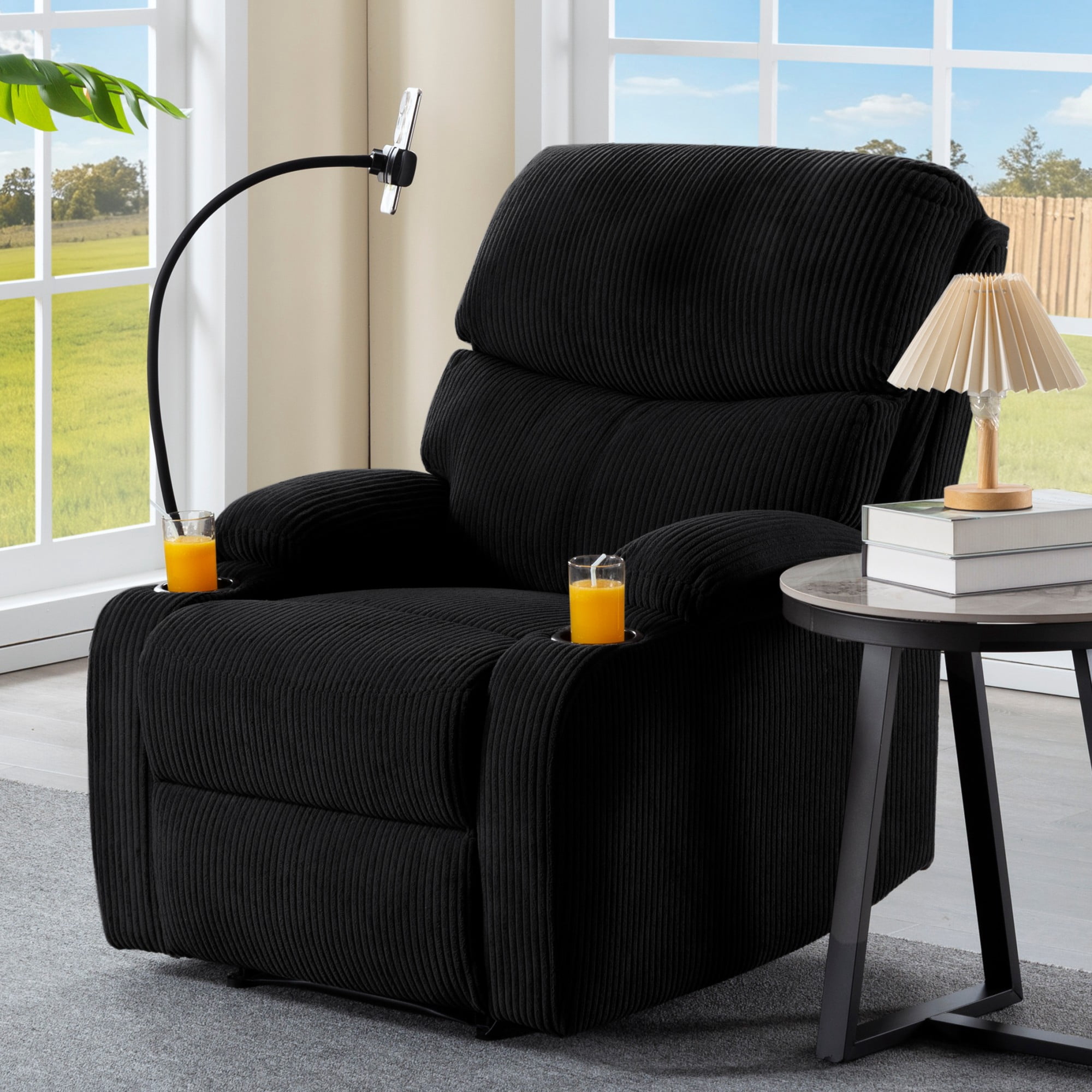Gewnee Black Corduroy Manual Recliner Chair - Solid Wood Frame with Phone Holder & Cup Holders, Ergonomic Backrest for Living Room Bedroom Office