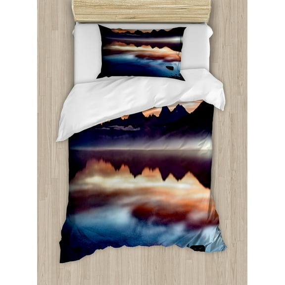 Glacier National Park Duvet Cover Set Twin Size, Dark Late Evening Time View of Rocky Formations, Decorative 2 Piece Bedding Set with 1 Pillow Sham, Charcoal Grey and Multicolor, by Ambesonne