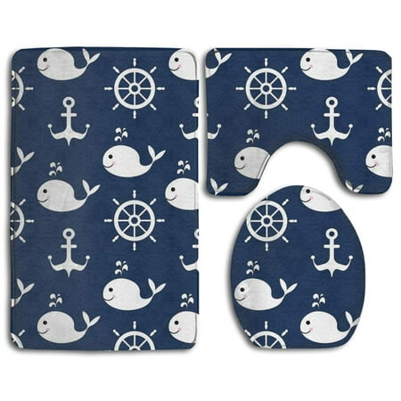 Fish Bath Mats & Rugs CHAPLLE Nautical Whale Fish Wheel Anchor 3 Piece Bathroom Rugs Set Bath Rug Contour Mat and Toilet Lid Cover ()