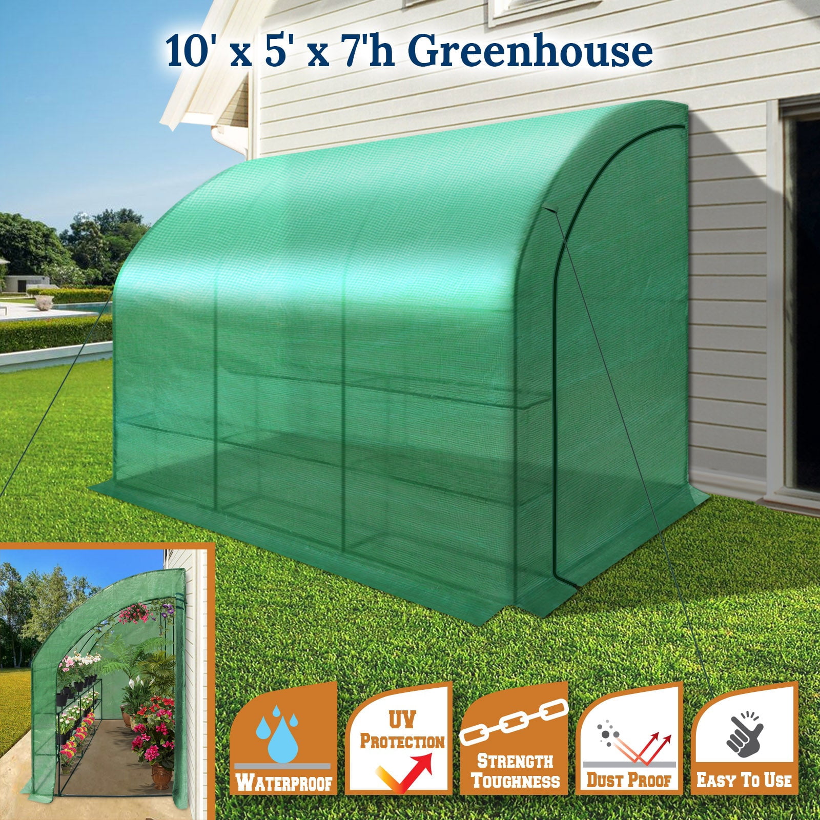 SUNRISEUMBRELLA 10x5x7'H Lean to Walk-in Wall Greenhouse Outdoor Waterproof Hot House w 3 Tiers/6 Shelves Gardening (Green, 1 Door)
