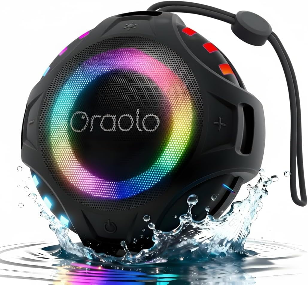 Oraolo 15W Portable Bluetooth Speaker, IPX7 Waterproof with 10H Playtime & Dynamic LED Lights - Perfect Shower Speaker with Hanging Design for Outdoor, Travel, and Home
