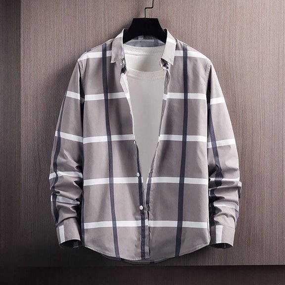 jjayotai Mens Long Sleeve Lapel Tops Clearance Mens Casual Regular Fit Striped Checkered Overshirt Long Sleeves Lapel Button Down Flannel Plaid Shirt