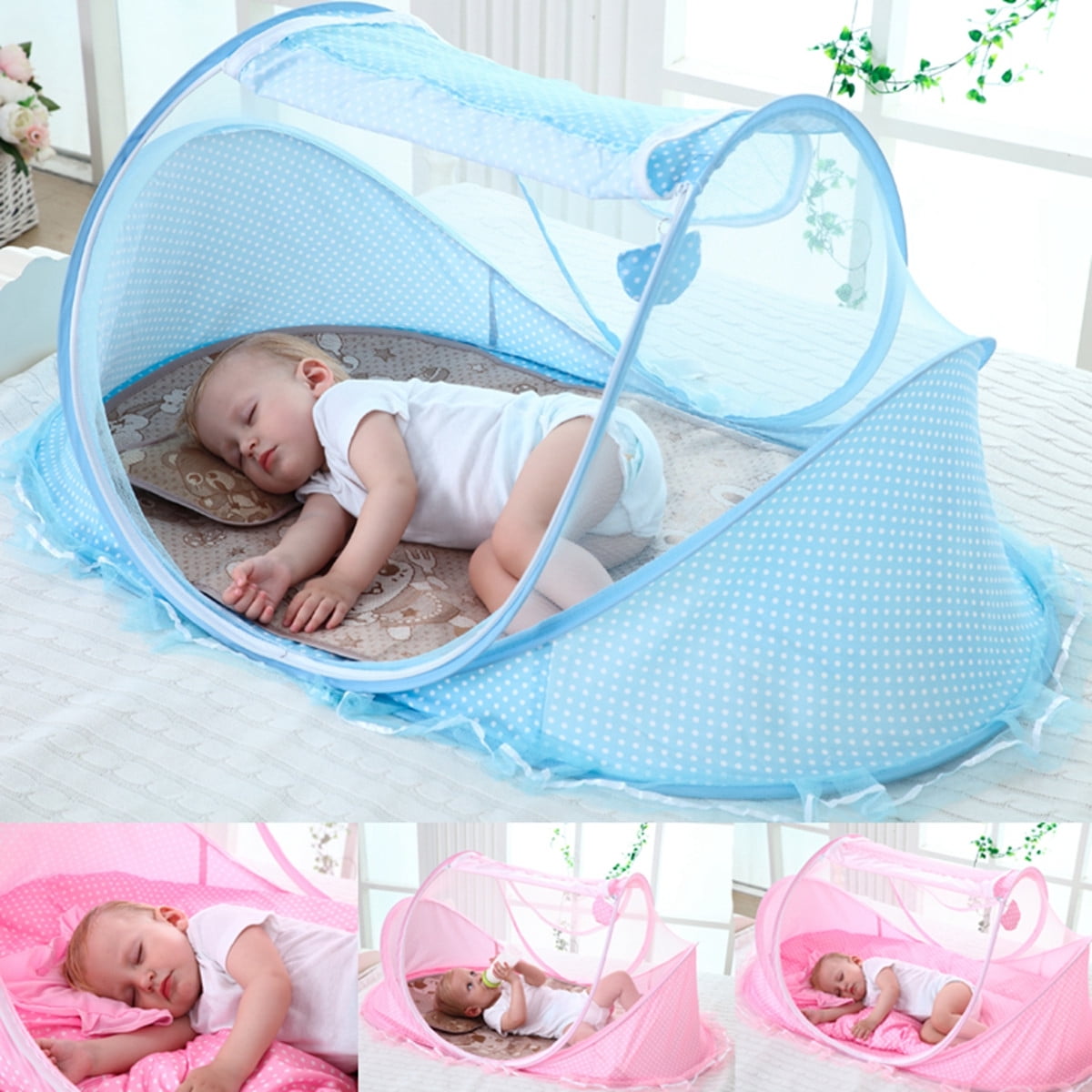 Foldable Baby Crib Infant Bed Mosquito Net Cotton-padded Mattress Pillow Tent 