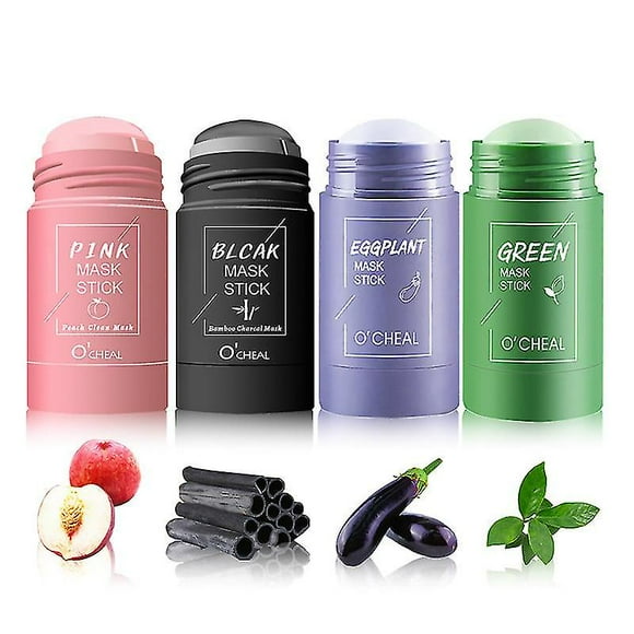Shsling Mask Stick Set, 4 Pack Green Tea Mask Stick, Bamboo Charcoal Clay Mask, Aubergine & Peach Mud Mask, Facial Skin Clay Mask Set