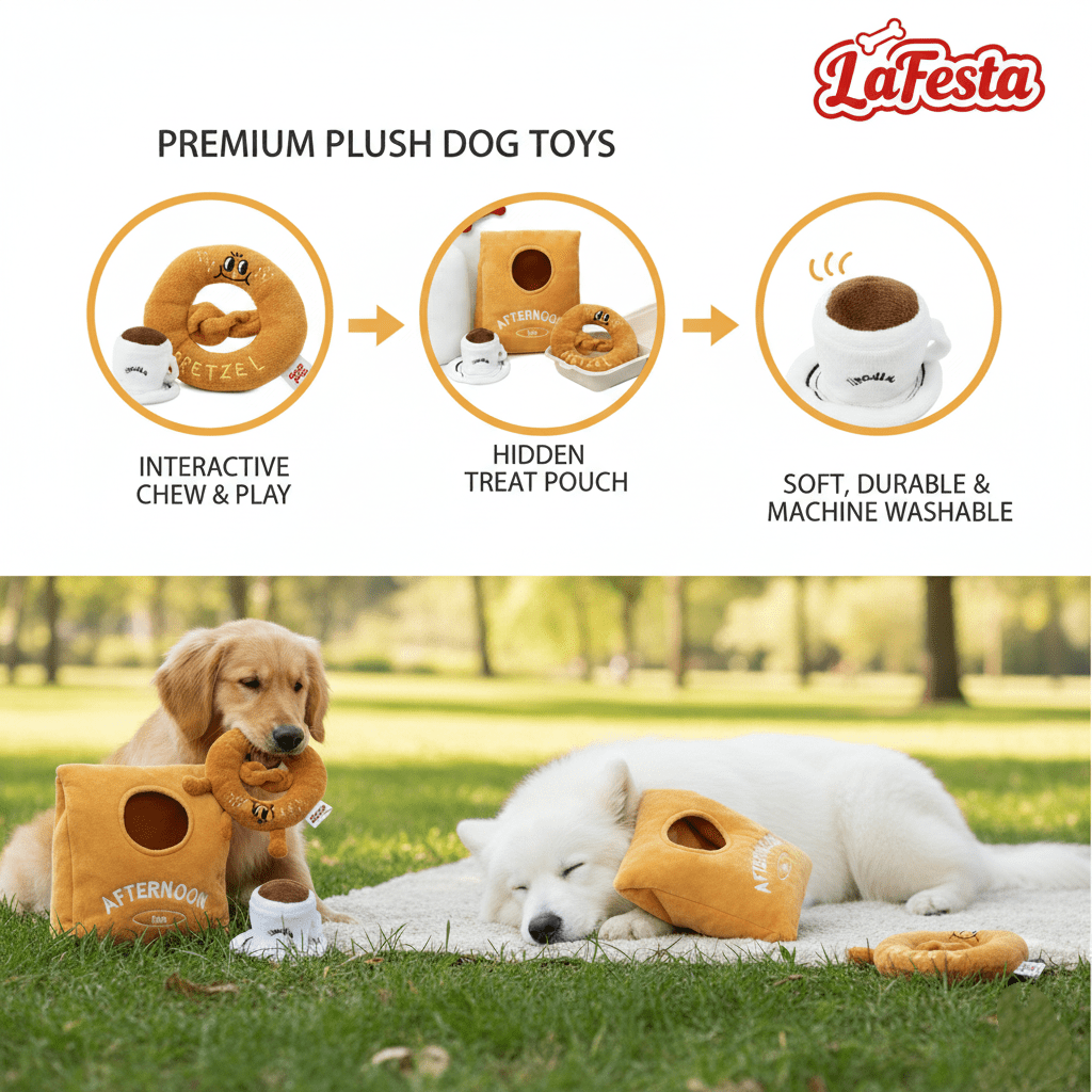 Interactive Snuffle Dog Toy Set, Plush Squeaky Pretzel & Coffee Cup with Hidden Treat Pocket, Mental Stimulation Puzzle Toy for Small to Medium Dogs, Machine Washable