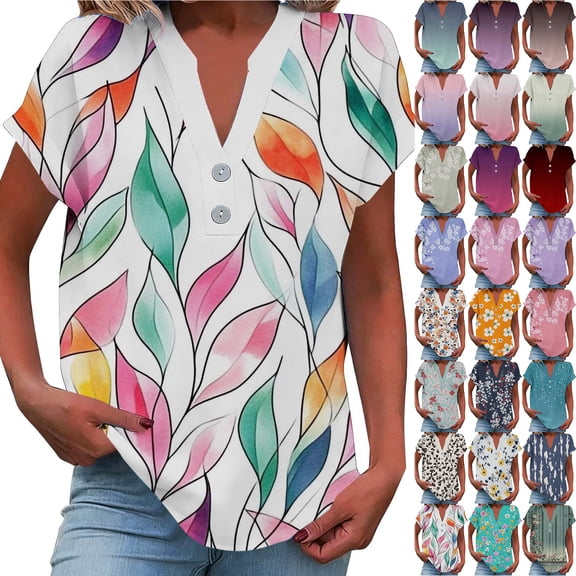 JTZGDY Linen Shirts for Women Cute Summer Short Sleeve Half Button V Neck Graphic T-Shirts Trendy Oversized Casual Tie Dye/Floral Printed Beach Vacation Tunic Tees Blouse A-Black XXXL