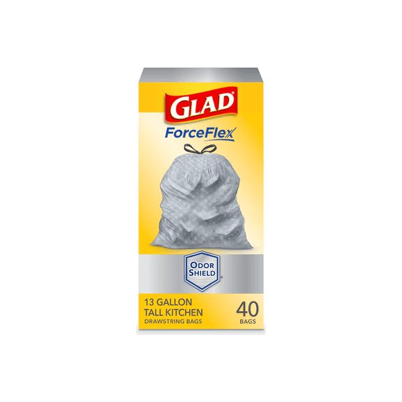 1 Pack Glad ForceFlex OdorShield Tall Kitchen Trash Bags, 13 Gallon, 40ct, Unscented