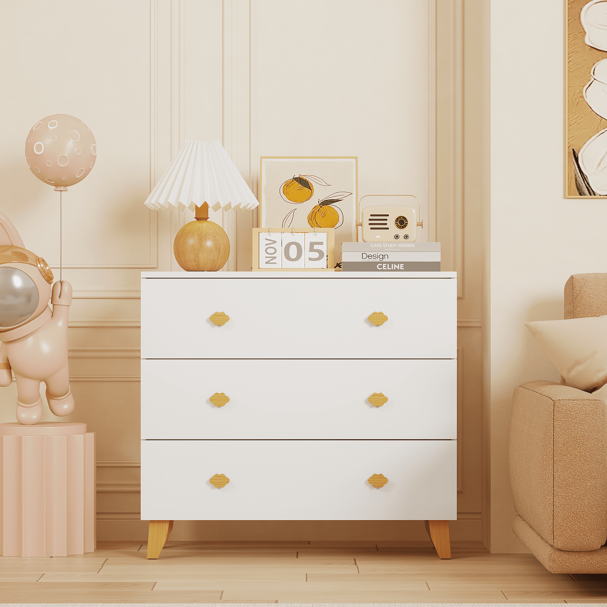 Kids Dresser with 3 Drawers, Wooden Cloud Handles & Pine Legs, MDF Chest of Drawers for Kids Room, Nursery Storage Cabinet, White