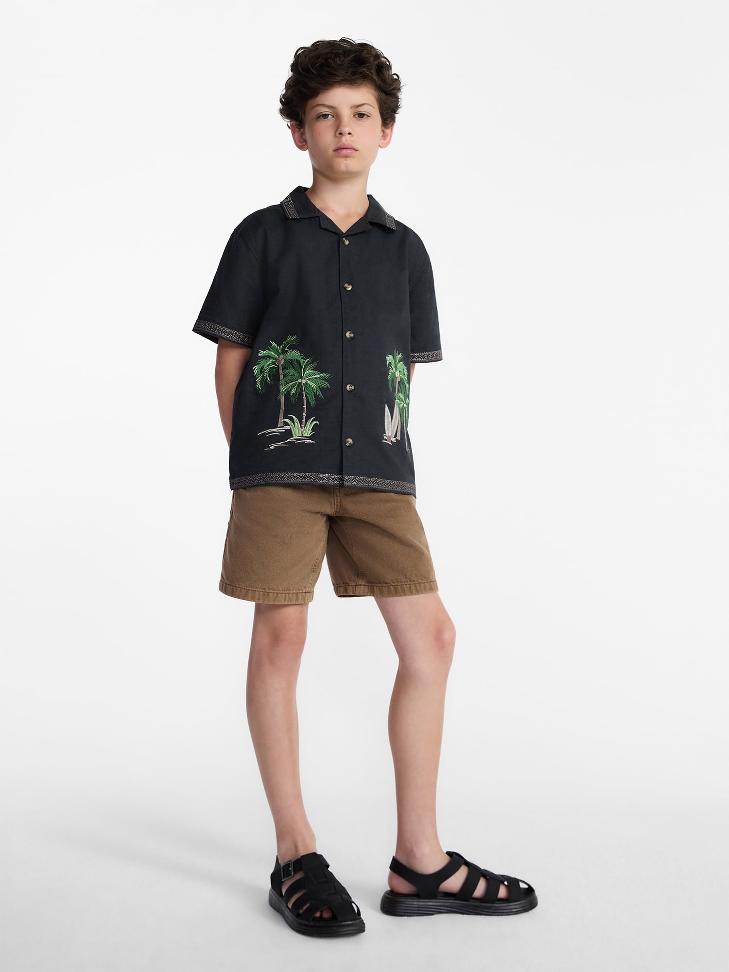 Weekend Academy Boys Embroidered Button Shirt with Short Sleeves, Sizes 4-18