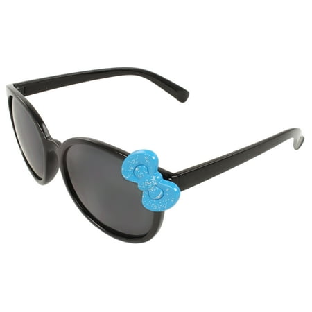 Retro Oval Fashion Sunglasses Black Frame Smoke Lenses Design with 3D Blue Bow Tie for Women