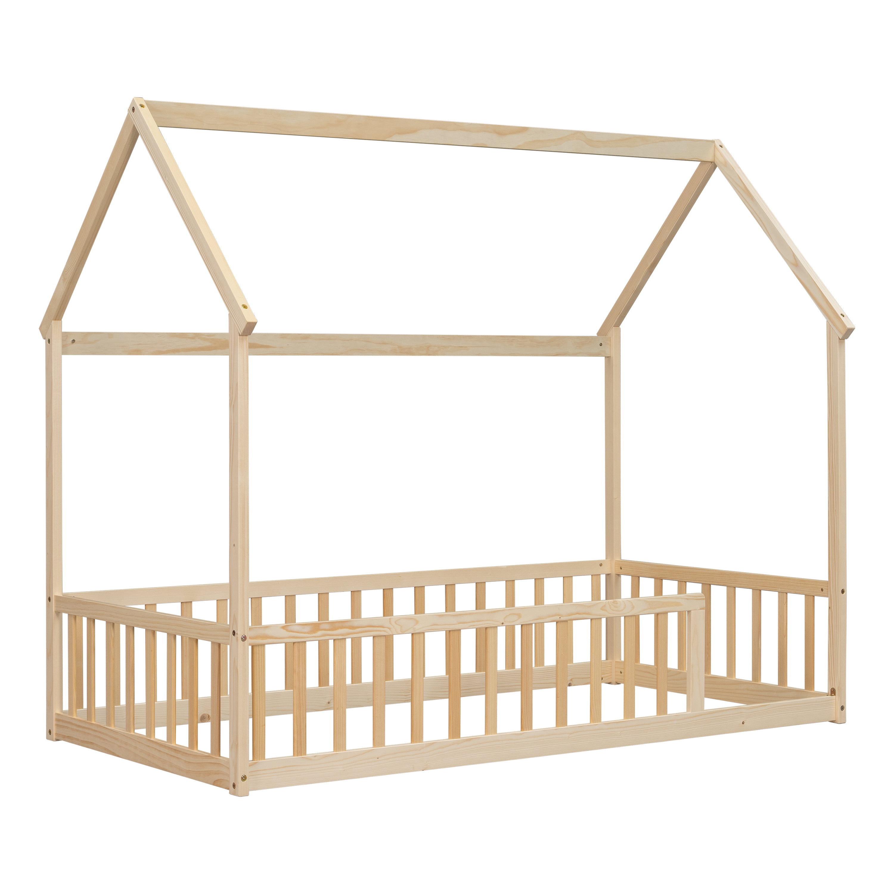 Natural Twin House Floor Bed with Full Safety Fence, Solid Pine Montessori Kids Playhouse Bed Frame No Box Spring Needed Max 250 LBS for Toddler Nursery Bedroom