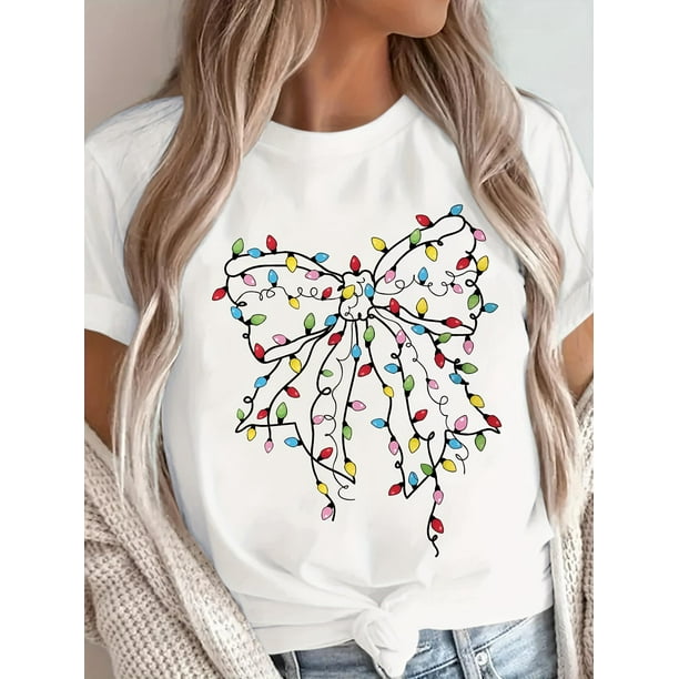 Women's Relaxed Fit Casual T-Shirt , Short Sleeve, Vibrant Colorful Bow Print Design, Perfect for Summer outings and Daily Wear Tee Tee For adult, Men, Women, Teen, Teenager, adolescent, Youth